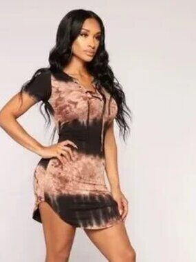 Vintage | Tie Dye Lace-Up Dress Earth Tone Brown Green | Size L